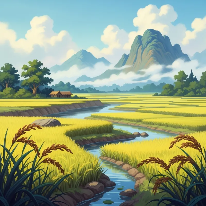 Scenic Rice Field Cartoon Art from Ancient China