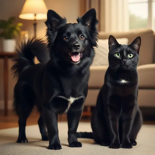 Fluffy Dog and Sleek Cat in Cozy Living Room