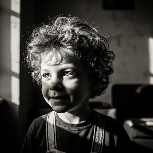 Vintage Black and White Photo of Boy with Curly Hair