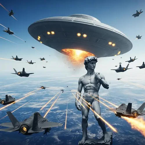 Extraterrestrial David Invades Earth: F-35 Fighter Jets Fight Saucer