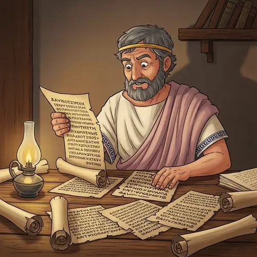 Ancient Greek Philosopher Deep in Research | Rustic Table Scene
