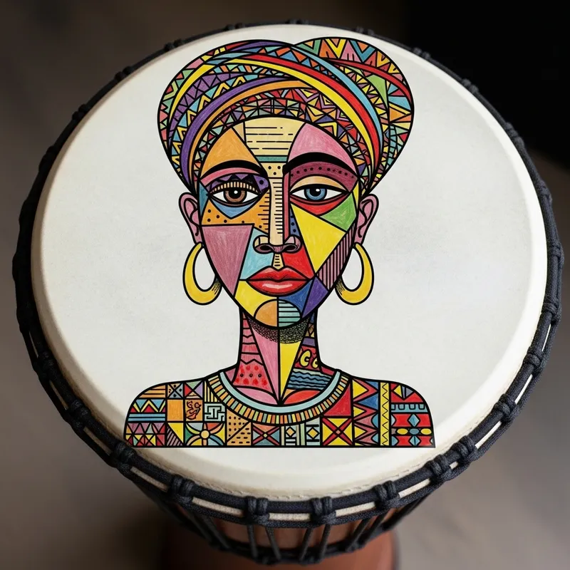 Cubist Style Djembe Drum | Colourful African Woman Illustration