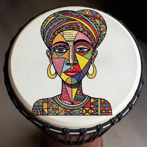 Cubist Style Djembe Drum with Colourful African Woman Drawing