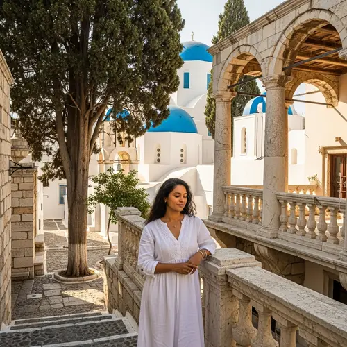 Tranquil Scene of Innocent Lady in Nostalgic Greek Architecture