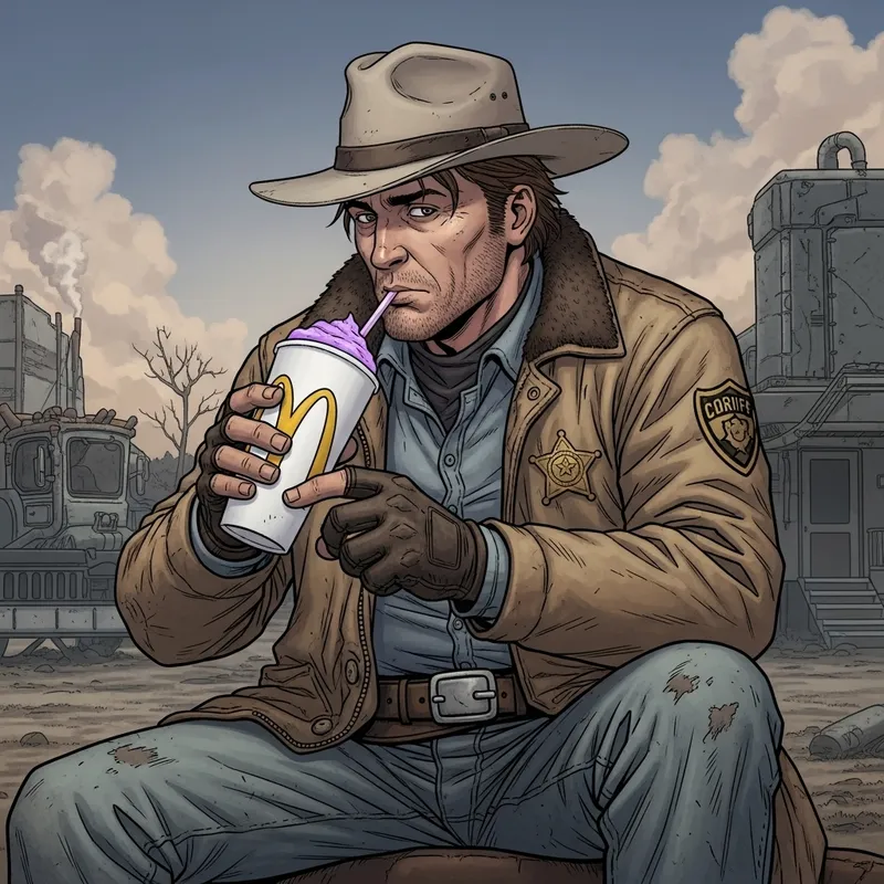 Post-Apocalyptic Sheriff Sipping Creamy Grimace Milkshake