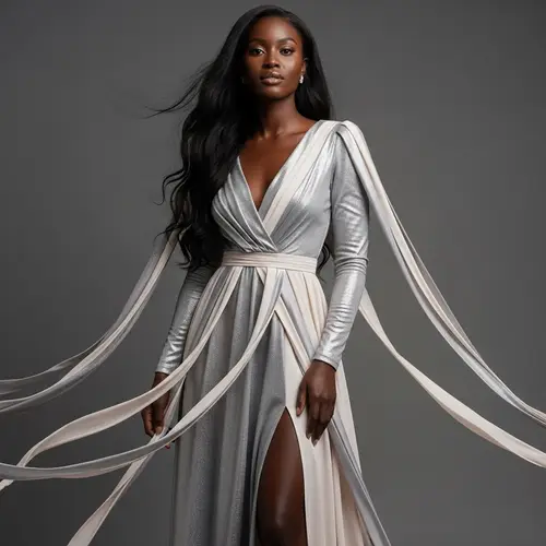 Elegant Black Woman in Shimmering Silver and Cream Dress