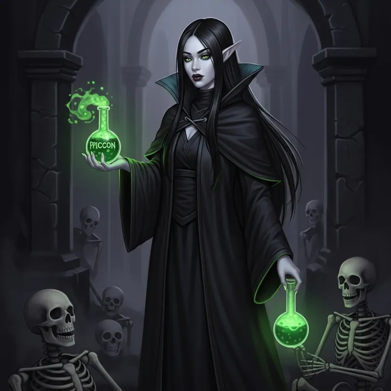 Gloomy Alchemist Elf with Poison Potion - Young Black Woman Gloomy Alchemist Elf with Poison Potion - Young Black Woman