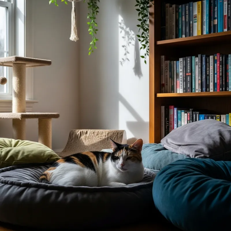 Cozy Living Room Scene with Domestic Short-Haired Cat - Serene Atmosphere