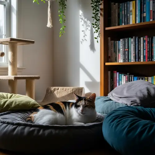 Cozy Living Room Scene with Domestic Short-Haired Cat