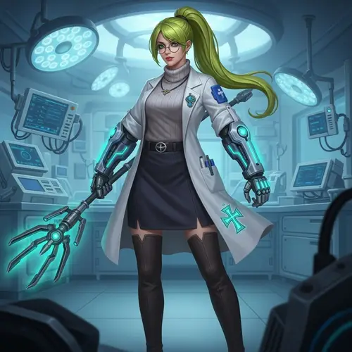 Ela from Arknights: Confident Female Doctor with Futuristic Staff