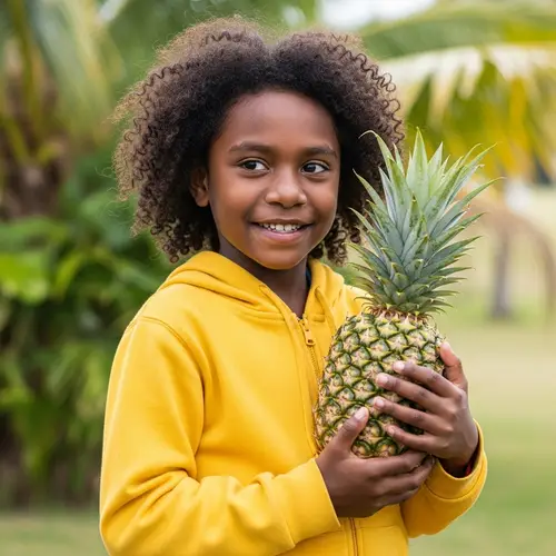 Sweet Melanesian Girl with Curly Black Hair Holding Pineapple