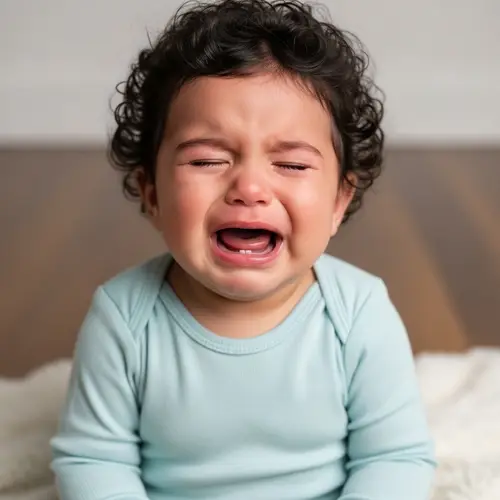 Cute Crying Baby in Blue Onesie on White Blanket