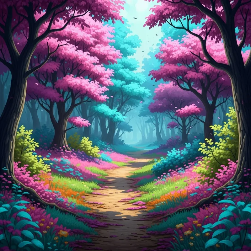 Explore a Mystical Forest Pathway of Fantasy Colors
