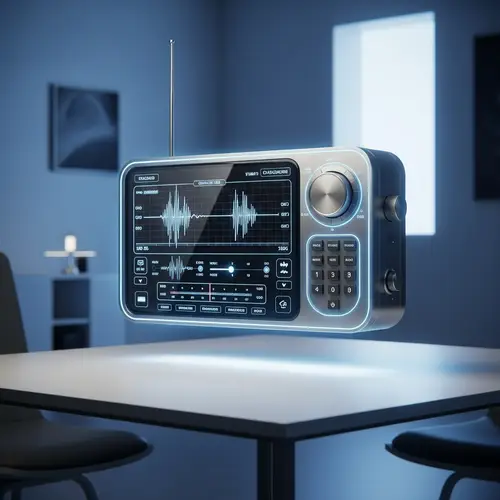 Futuristic Radio on Minimalist Table with Holographic Controls