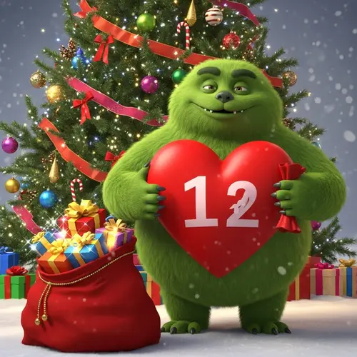 Joyful Green Creature with Heart Holding Christmas Presents