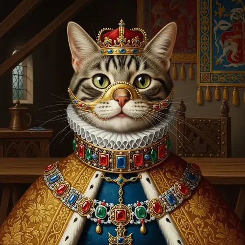 Medieval Cat Oil Painting: Ridiculous Muzzle & Royal Decor