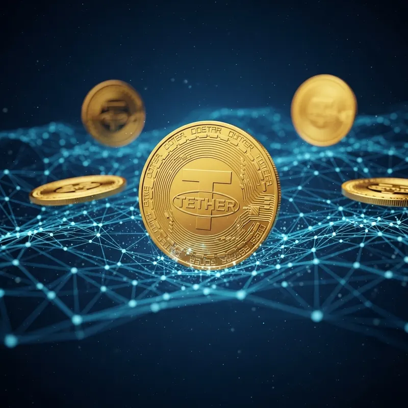 Golden USDT Stablecoin Coins | Blockchain Network Visualized