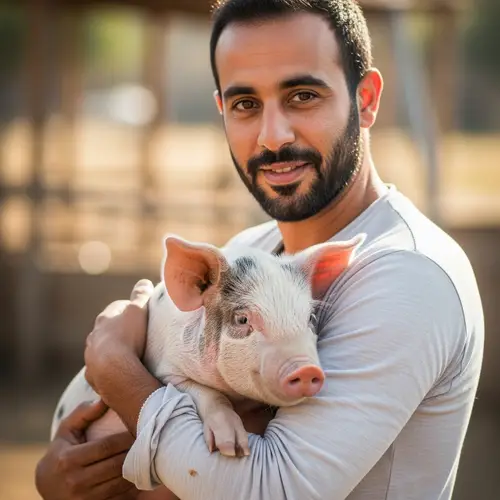 Middle Eastern Man Holding Pig - Cultural Diversity in Agriculture