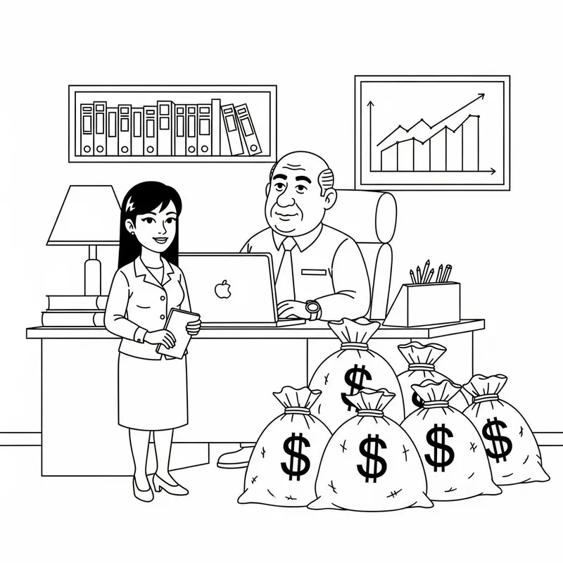 Office Boss and Secretary in Line-Drawn Black and White Cartoon