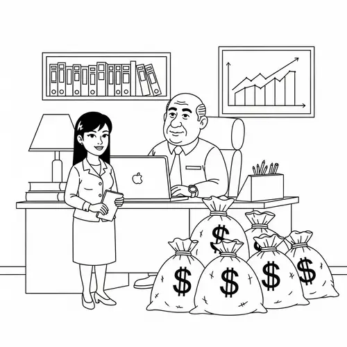 Black and White Cartoon Office Scene with Middle-Eastern Manager and East Asian Secretary