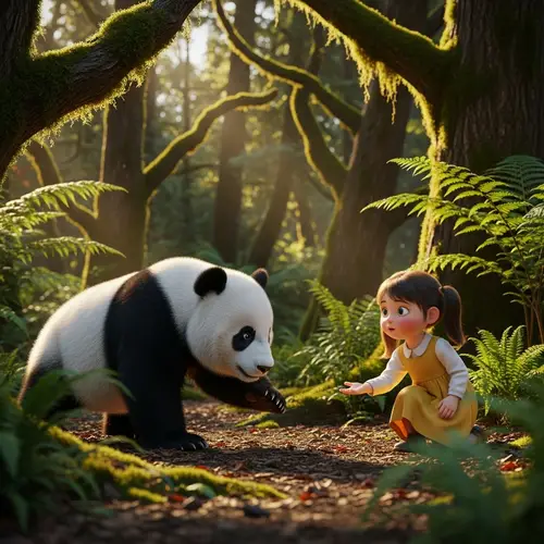 Panda Bear Adventure: Encountering Little Girl in Forest