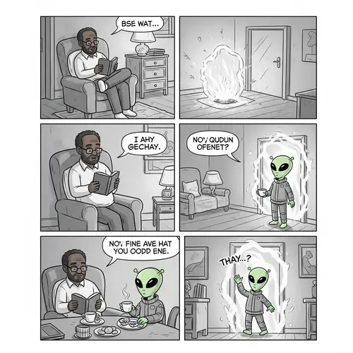Quirky Comic Strip: Unexpected Encounter with a Friendly Alien