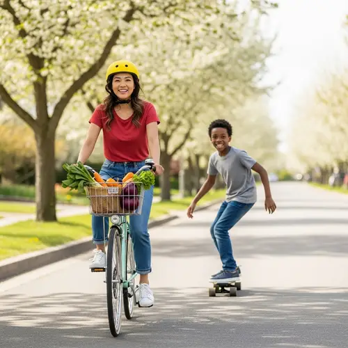 Asian Woman Riding Bicycle | Suburban Street Scene