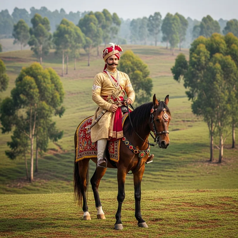 Indian Hindu King on Horseback in Traditional Attire