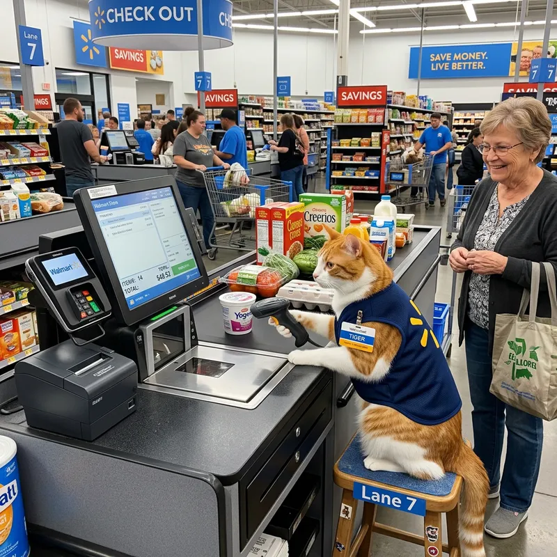 Cat as Walmart Cashier - Fun Shopping Experience