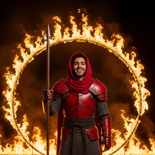 Fearless Duelist in Red Chain Armor Amidst Fire