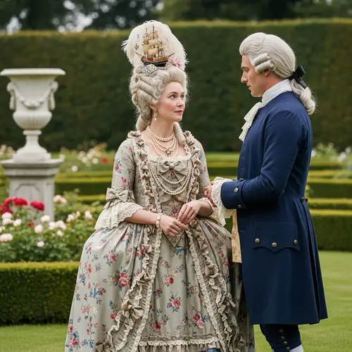 18th-Century French Aristocracy Scene in Lush Garden
