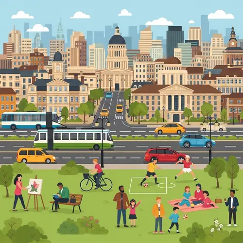 Vibrant Cityscape with Landmarks, Parks & Diverse Activities