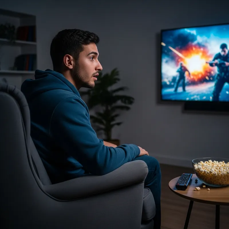 Hispanic Man Engrossed in Movie in Comfortable Armchair
