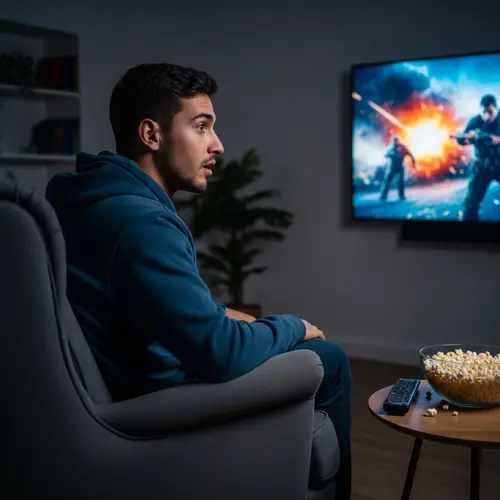 Young Hispanic Man Watching Movie in Comfortable Armchair