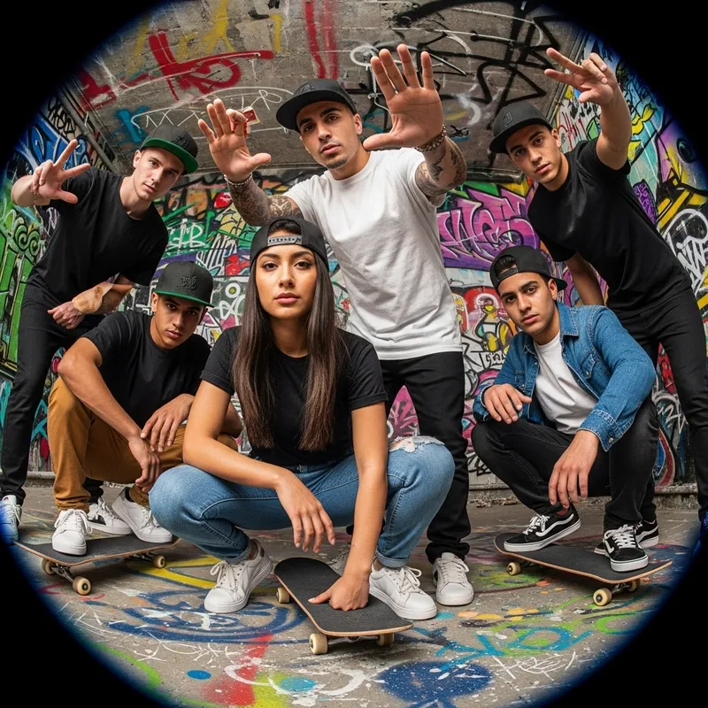 Vibrant Urban Streetwear Scene with Diverse Snapback Hats Vibrant Urban Streetwear Scene with Diverse Snapback Hats
