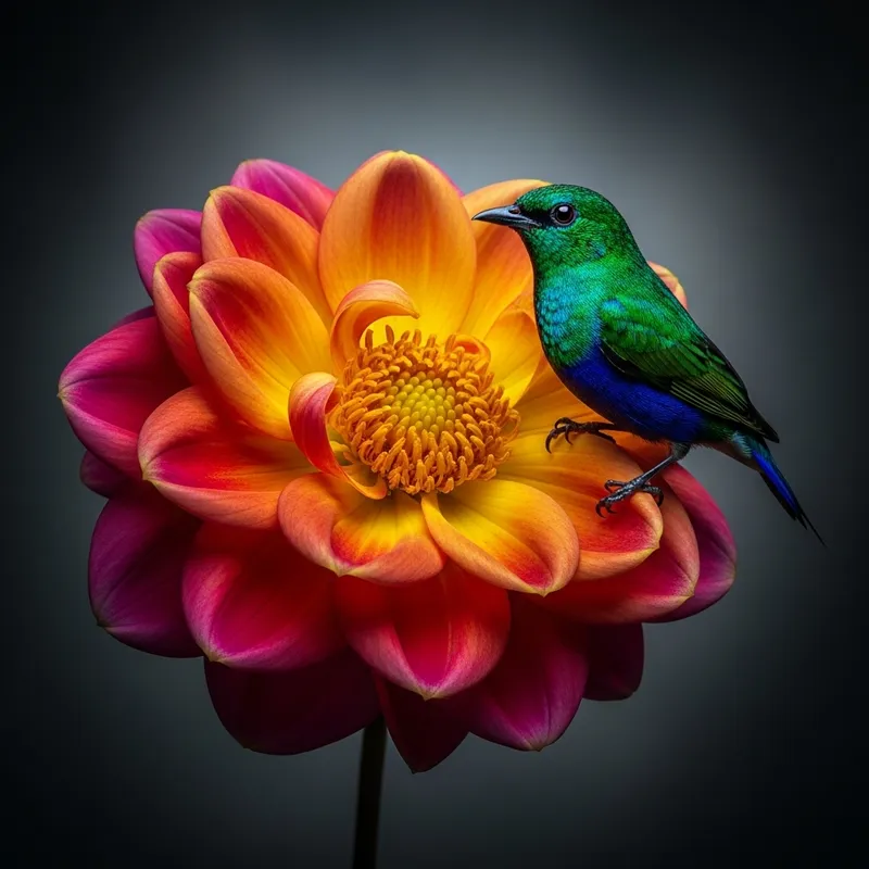Stunning Flower with Curious Bird | Studio Photography