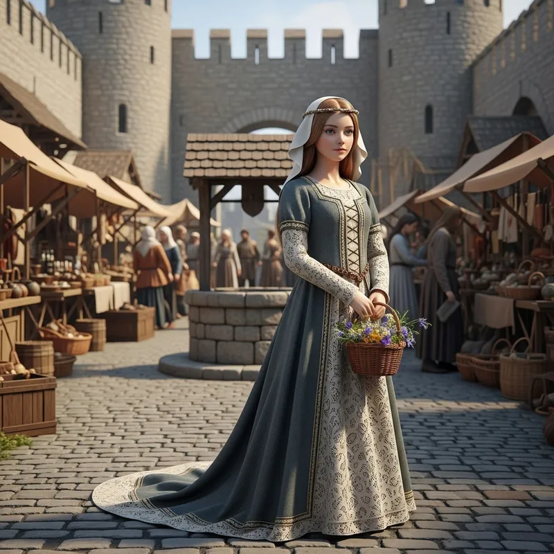 Medieval Girl Art with Wool Dress and Wildflowers