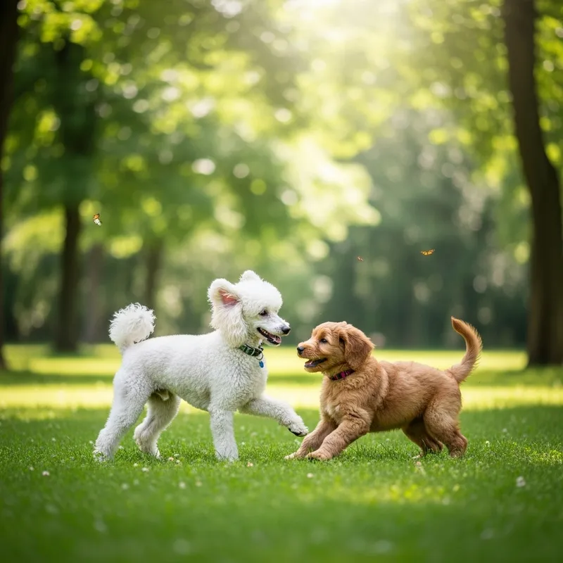 White French Poodle and Brown Golden Doodle Playing Together