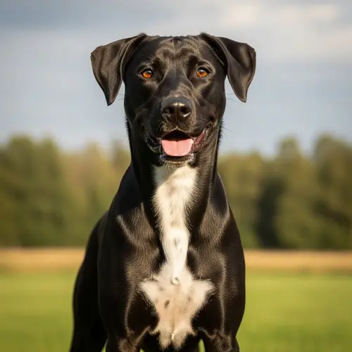 Black Dog with Distinct White Patch on Chest