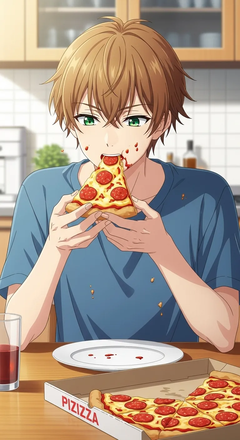 Radiant Anime Boy Eating Pepperoni Pizza | Illustration Radiant Anime Boy Eating Pepperoni Pizza | Illustration