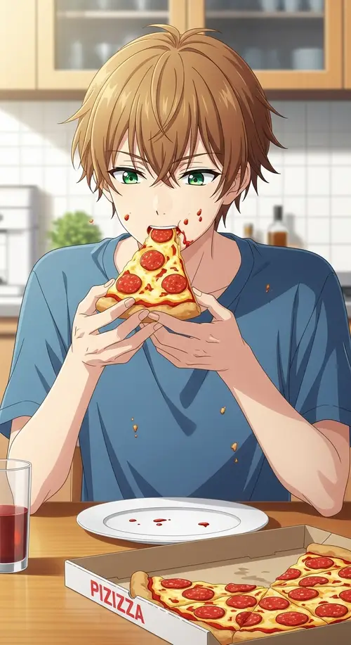 Teenage Anime Boy Enjoying Pepperoni Pizza | Illustration