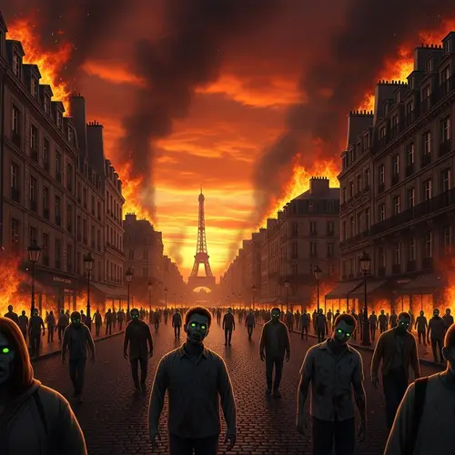 Apocalyptic Scene: City in Flames with Zombie Invasion