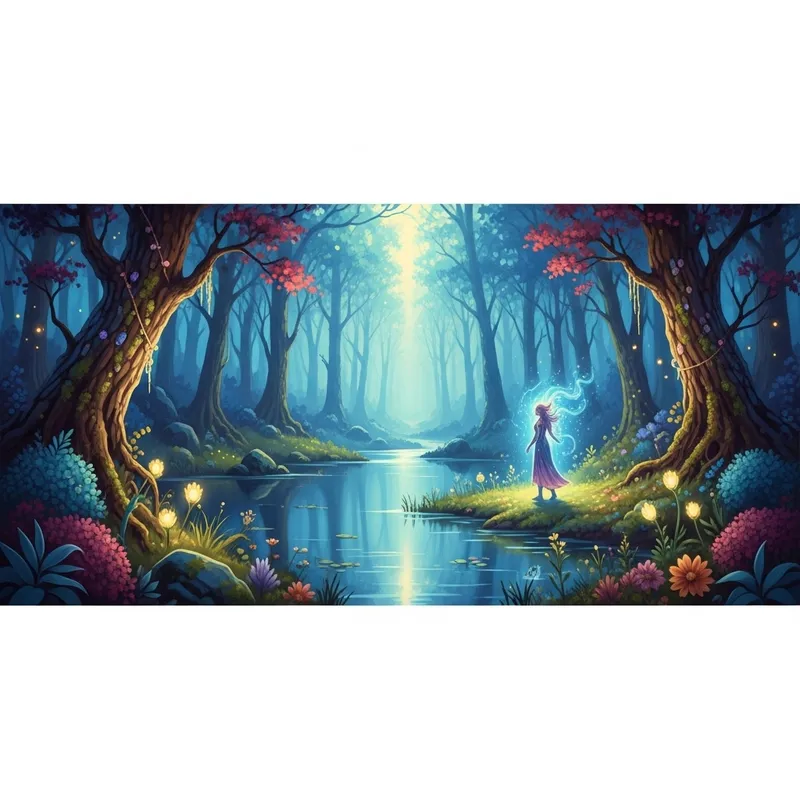 Mystical Forest Painting with Hidden Lake and Figure | Fantasy Art