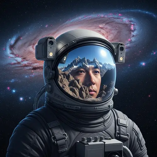 Asian Astronaut in Outer Space with Reflective Visor