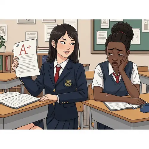 Diverse Classroom Illustration with A+ Grade and Jealousy