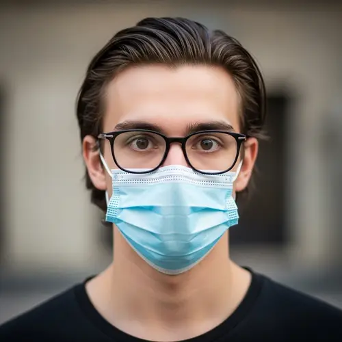 Young Man with Black-Rimmed Glasses and Surgical Mask