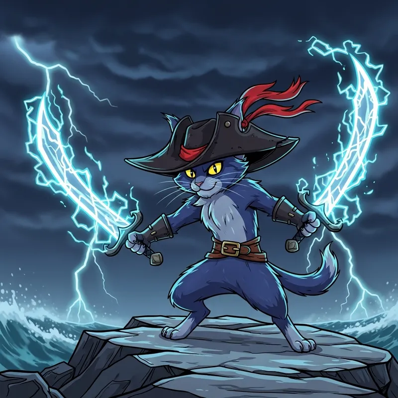 Super Cat with Lightning Swords and Monkey D Luffy Hat