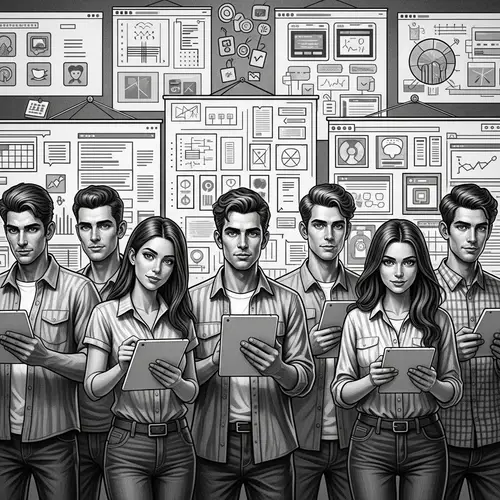 Digital Painting of Diverse Students with Tablets and Educational Boards