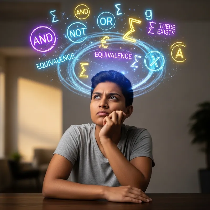 South Asian Person in Deep Thought with Logical Symbols - Cognitive Contemplation