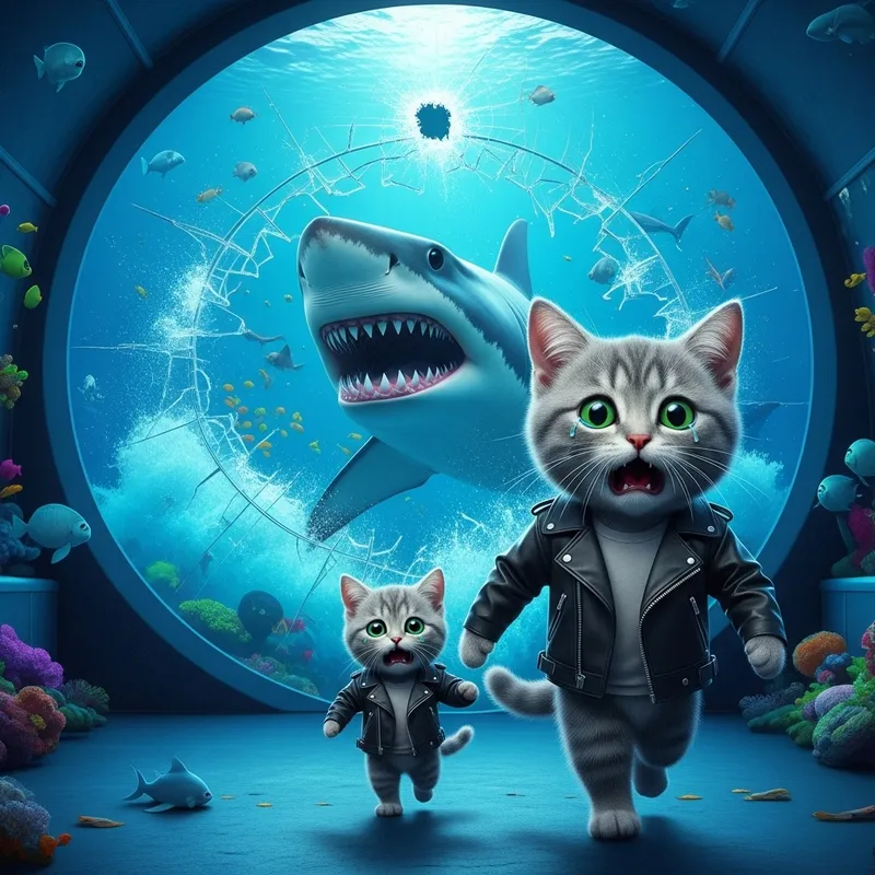 Shark Shattering Aquarium Glass: Grey Cat & Kitten in Chaos